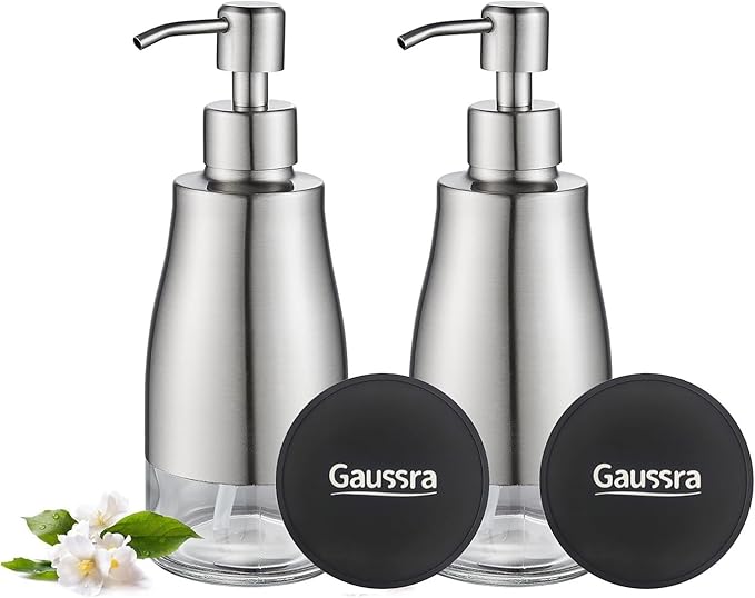 Gaussra 2 Pack Soap Dispenser with Coaster and Stickers, Stainless Steel Case Glass Liner Hand Pump Dispenser, Refillable Liquid Hand Soap Dispenser for Bathroom & Kitchen - Brushed Nickel by Gaussra