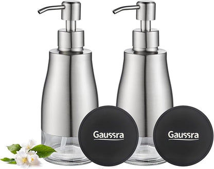 Gaussra 2 Pack Soap Dispenser with Coaster and Stickers, Stainless Steel Case Glass Liner Hand Pump Dispenser, Refillable Liquid Hand Soap Dispenser for Bathroom & Kitchen - Brushed Nickel by Gaussra