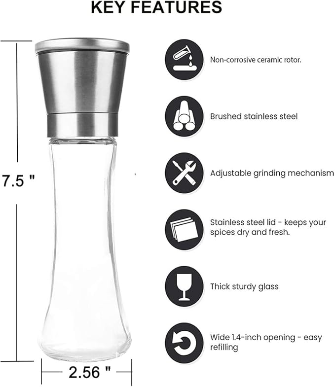 Pepper Grinder or Salt Grinder, Best Spice Mill with Ceramic Blades, Adjustable Coarseness, Brushed Stainless Steel Cap, and Refillable Tall Glass Body with 6OZ Capacity (7.5") - Image 2