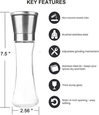 Pepper Grinder or Salt Grinder, Best Spice Mill with Ceramic Blades, Adjustable Coarseness, Brushed Stainless Steel Cap, and Refillable Tall Glass Body with 6OZ Capacity (7.5") - Image 2