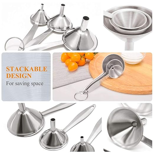 3 in 1 Metal Funnels for Filling Bottles Stainless Steel Small Kitchen Funnel Set for Transferring Essential Oils Liquid Fluid Spice Dry Ingredients Powder, Durable (‎Long-Handled Funnel) - Image 3