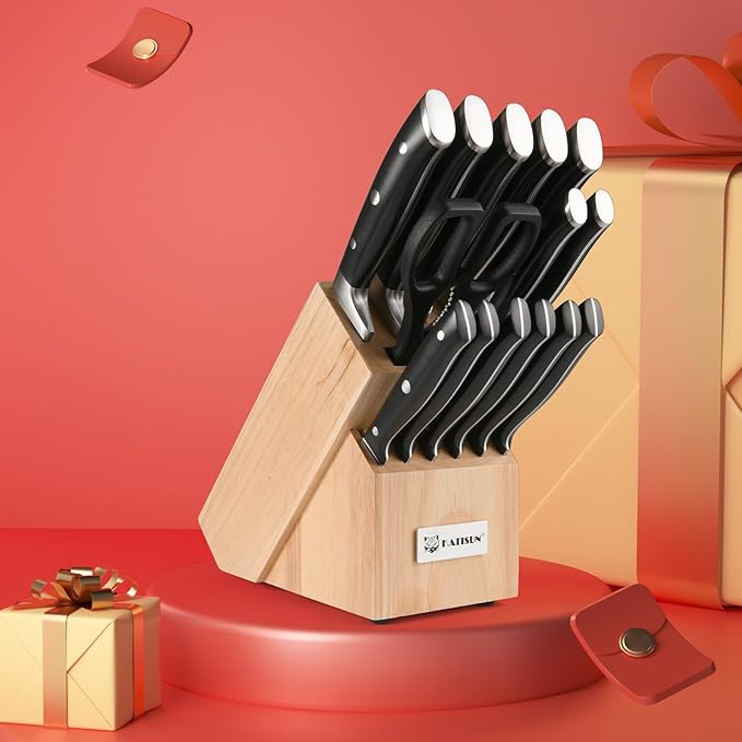 Knife Sets 15 Pieces for Kitchen with Block, German Stainless Steel Kitchen Knife Set, ABS Ergonomic Handle Chef Knives, and Shears for Chopping, Slicing and Cutting - Image 6