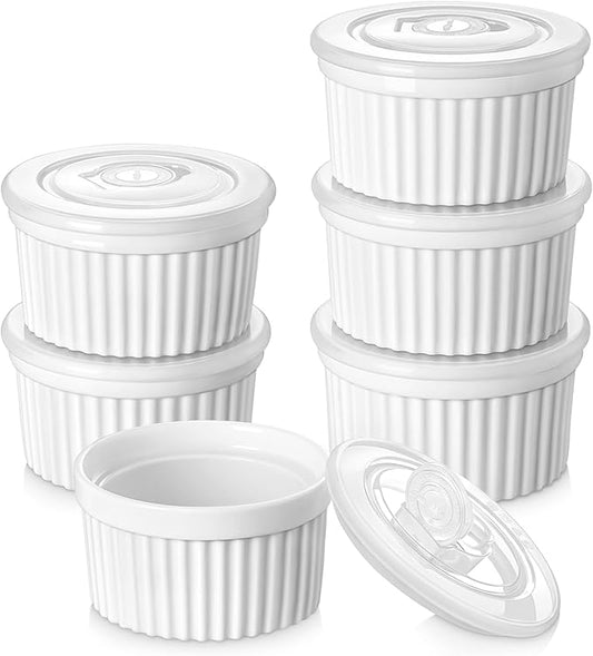 vancasso 8 oz Ramekins with Lid, Porcelain Creme Brulee Souffle Dishes, White Pudding Custard Cups Ramiken for Baking, Dishwasher and Oven Safe, Set of 6 by vancasso
