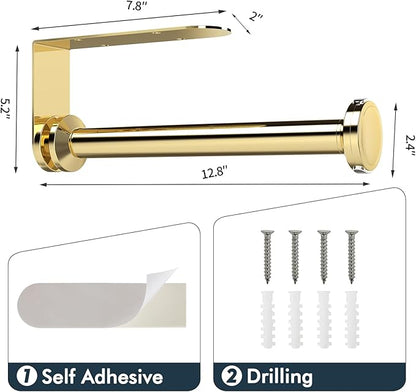 theaoo Paper Towel Holder Under Cabinet, One-Handed Tear Wall Mount Paper Towel Holder Dispenser with Damping Function for Kitchen Organization, Stainless Steel, Self-Adhesive or Drill mounting, Gold