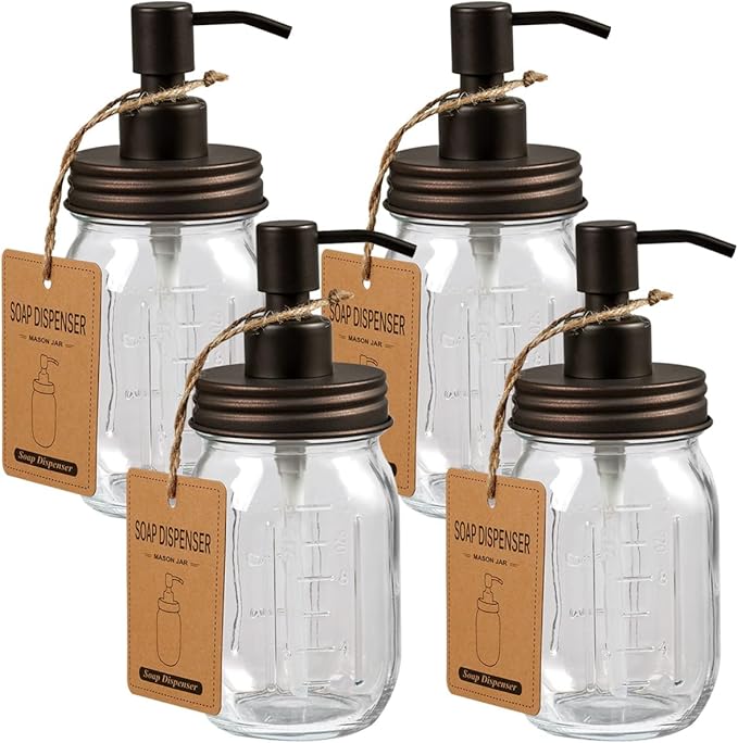 Amolliar 4 Pack Mason Jar Liquid Soap Dispenser, Rustproof Stainless Steel Lid Pump, Refillable Hand Soap for Bathroom, Kitchen, Cute Farmhouse Decor for Dish Soap, Liquid Soap, Lotions(Bronze) by Amolliar
