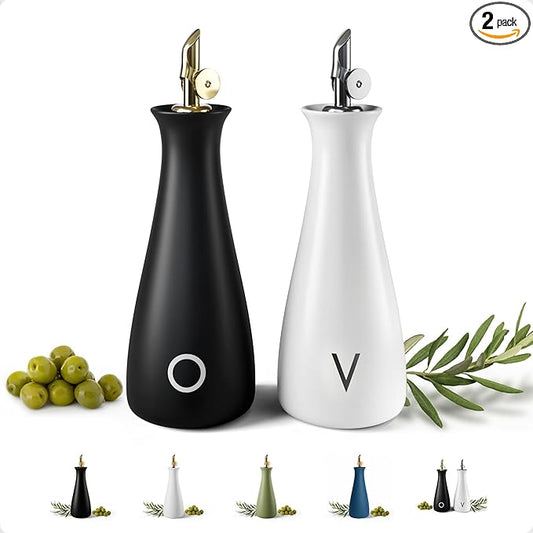 Oil and Vinegar Dispenser Set with Self-Closing Stainless Steel Spouts - 530 ML Capacity Matte Ceramic Leak Proof EVOO & Vinegar Dispensing Bottle Set of 2 - Olive Oil and Vinegar Dispenser Bottle Set by HBDesignCo
