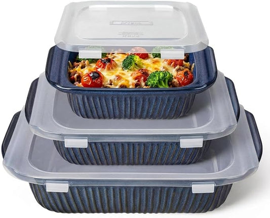 Artena Casserole Dishes For Oven, Ceramic Baking Dish, Large Lasagna Pan With Handles, Baking Pan Casserole Dish, Rectangular Bakeware Deep, Set Of 3 (5.1Qt/2.3Qt/1.1Qt) (Blue - Baking Dish With Lids) by Artena