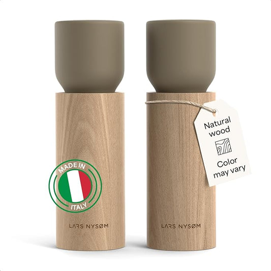 LARS NYSØM Wooden Salt and Pepper Grinder Set Manual - Salt and Pepper Mills with Adjustable Ceramic Grinder - Elegant Beechwood Pepper and Salt Mill Set for Dining Table (Taupe Brown)