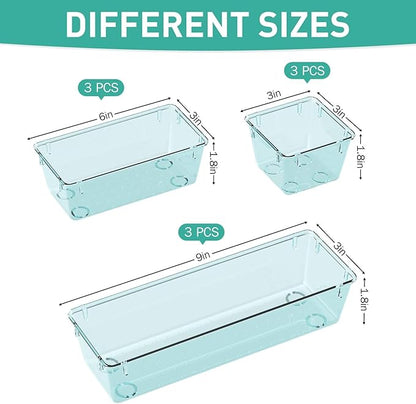 WOWBOX 9 Pack Clear Drawer Organizer Set, Acrylic Drawer Storage Trays, Storage Bins for Makeup, Cosmetics, Jewelries, Utensils, Gadgets, Office, Sea Blue - Image 2
