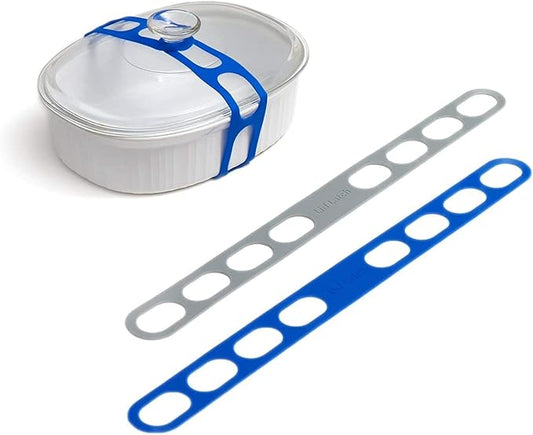 Lid Latch the reusable universal lid securing strap for crockpots, casserole dishes, pots, pans and more. Make it easy to transport your favorite dishes with one simple strap. (Polybag Blue/Grey)