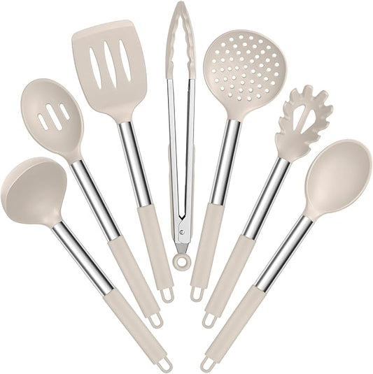 E-far Silicone Cooking Utensils Set, 7 Pcs Heat Resistant Kitchen Utensils with Stainless Steel Handle, Slotted Turner, Spoon, Soup Ladle, Pasta Server, Skimmer, Tongs for Nonstick Cookware, Khaki by E-far
