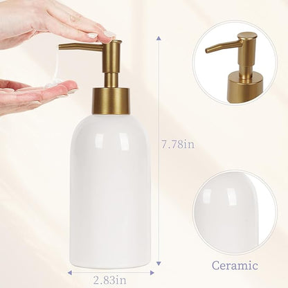 Natheeph 2PC 14OZ Ceramic Soap Dispenser Ceramic Soap Pump Dispenser Can Fill Liquid for Bathroom/Kitchen (White + Green) - Image 2