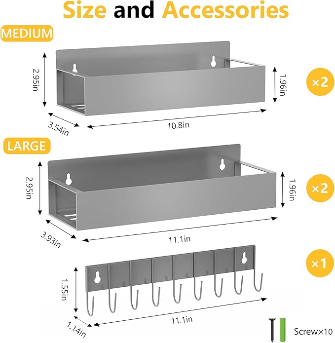 SMRCAD Magnetic Spice Rack Organizer for Fridge Seasoning Organizer for Kitchen storage with Screw Magnetic Shelf with Hook for Refrigerator and Oven (4pack1hook-Grey) - Image 2