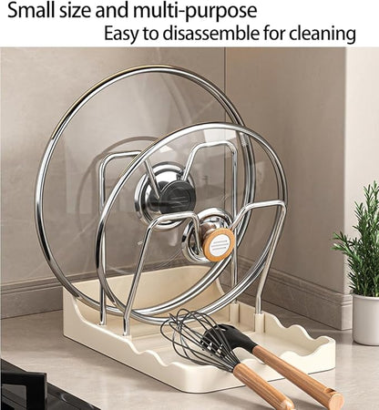 Pot lid Holder And Spoon Rest, 2 Layers Lid And Spoon Rest Pot Lid Organizer With Drip Tray, Multifunctional Utensils Pan Pot Cover Lid Rack Shelf for Pot Lids, Spatulas, Spoons (White)