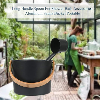 Sauna Bucket and Ladle Set, 1.85 Gallons (7L) Large Aluminum Sauna Bucket with Long Wooden Handle Spoon, SPA Shower Accessories, Saunas Accessories Set for Home Saunas (Color:Black)
