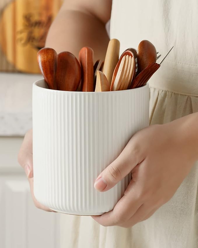 getstar Large Utensil Holder for Kitchen Counter, 5.6" Vintage Ceramic Utensils Crocks Utensil Organizer for Spatula Farmhouse Kitchen Decor - Image 5
