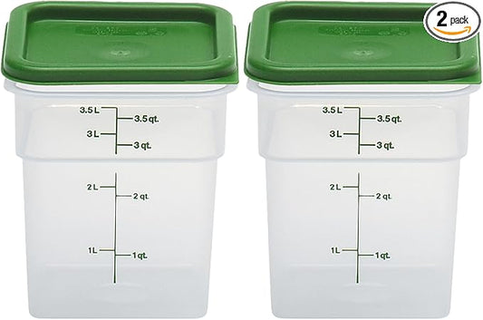 Cambro Food Storage Container with Lid (Microwave Safe and BPA-Free) - 2 Pack - Classic Series Square with Green Lid - 4 QT (Quart) - Commercial Grade for Food Prep (Translucent) by CambroManufacturing