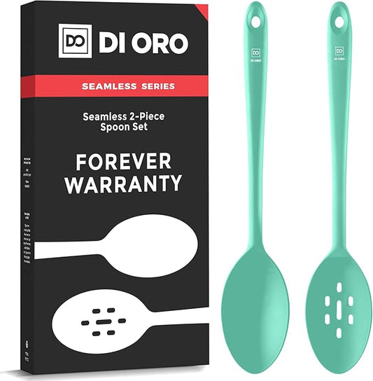 DI ORO Silicone Spoons for Cooking - Large Kitchen Spoons for Mixing, Serving, & Stirring - 600°F Heat-Resistant Non Stick Utensils – Big Solid & Slotted Basting Spoons - Dishwasher Safe (2pc, Mint) by DIORO