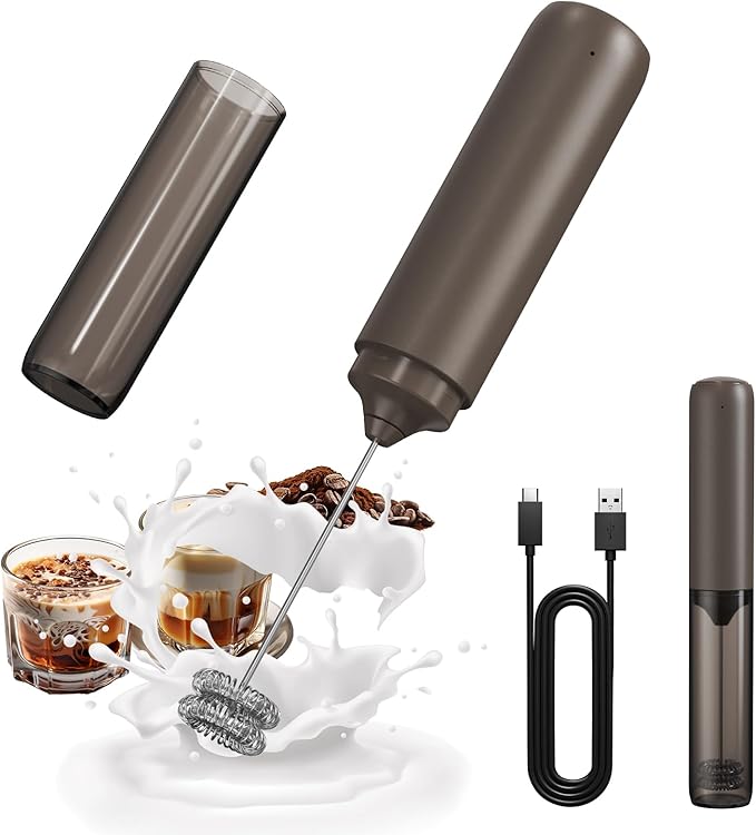 CIRCLE JOY Portable Rechargeable Milk Frother Hanheld, Dual Spring Whisk Electric Coffee Frother Wand Drink Mixer for Matcha Lattes Cappuccino, Kitchen Gifts, Brown by CIRCLEJOY