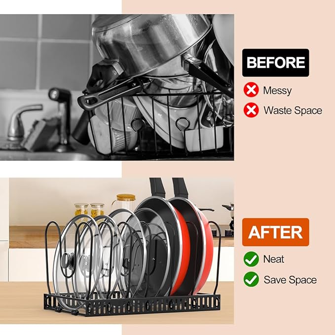 Housolution Pot and Pan Organizer Rack for Cabinet, Pot Lid Organizer with 7 Adjustable Dividers, Pan Holder Storage Rack for Kitchen Cabinet, Black - Image 4