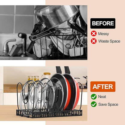 Housolution Pot and Pan Organizer Rack for Cabinet, Pot Lid Organizer with 7 Adjustable Dividers, Pan Holder Storage Rack for Kitchen Cabinet, Black - Image 4