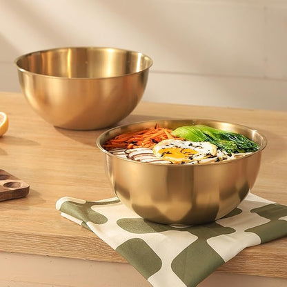 Stainless Steel Salad Bowls Set of 2 Mixing Bowls with Measurement Markings, Snacks Bowls, 1.27 Quart Gold Serving Bowls for Mixing, Cooking, Prepping and Home Kitchen Food Storage