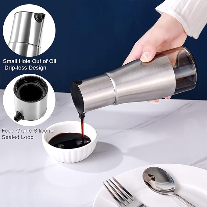 Tebery 2 Pack Silver Olive Oil and Vinegar Dispenser Set, 10OZ Oil Dispenser Cruet with Easy & Drip Free Pouring, Elegant Stainless Steel with Glass Bottom - Image 5