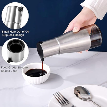 Tebery 2 Pack Silver Olive Oil and Vinegar Dispenser Set, 10OZ Oil Dispenser Cruet with Easy & Drip Free Pouring, Elegant Stainless Steel with Glass Bottom - Image 5