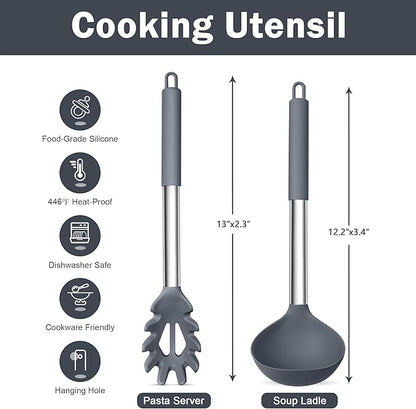 TeamFar Silicone Kitchen Utensils, 2 Pcs Large Nonstick Soup Ladle and Pasta Fork for Cooking Mixing Serving Soup, Sauce, Spaghetti, Eggs, Non-Toxic & Heat-Proof, Dishwasher Safe, Light Grey - Image 2