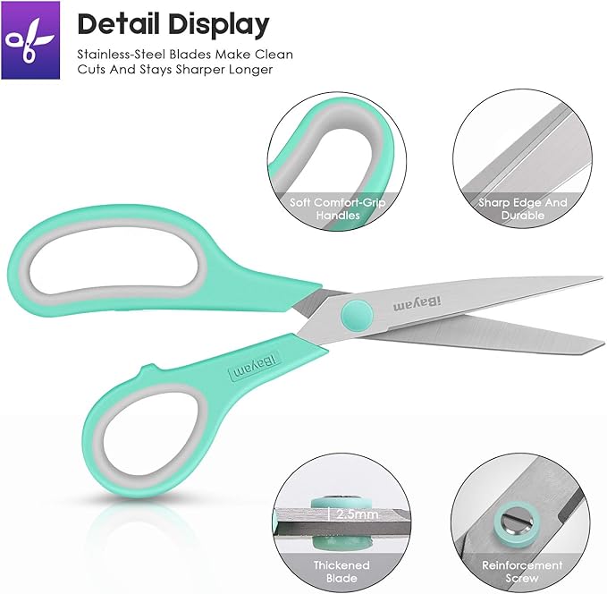 Scissors, iBayam 8" All Purpose Scissors Bulk 3-Pack, Ultra Sharp 2.5mm Thick Blade Shears Comfort-Grip for Office Desk Accessories Sewing Fabric Home Craft Teacher School Supplies, Right/Left Handed - Image 3