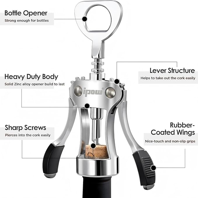 IPOW Wine Opener, Zinc Alloy Wine Bottle Opener, Wing Corkscrew Heavy Duty, Manual Multifunctional Cork Screw for Waiter, Silver - Image 7