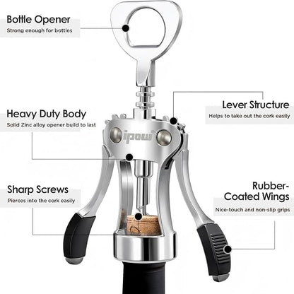 IPOW Wine Opener, Zinc Alloy Wine Bottle Opener, Wing Corkscrew Heavy Duty, Manual Multifunctional Cork Screw for Waiter, Silver - Image 7