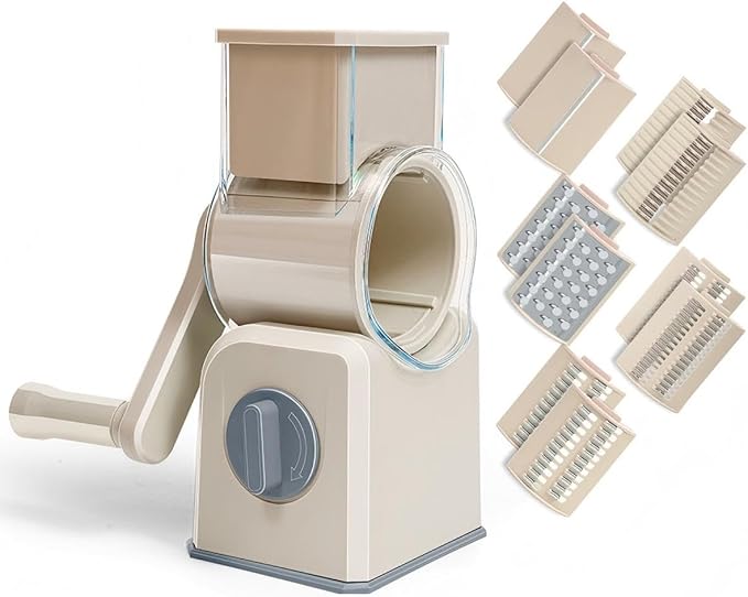 Rotary Cheese Grater with Hand Crank, Multi-Purpose Shredder Slicer with 5 Interchangeable Stainless Steel Blades for Shredding, Slicing, and Grating Cheese, Vegetables, and Fruit (Beige) by YWHWLX