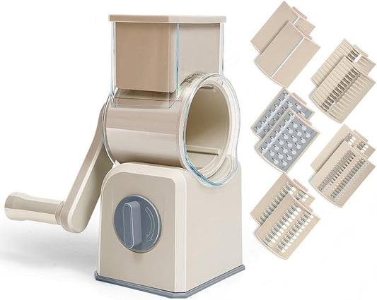 Rotary Cheese Grater with Hand Crank, Multi-Purpose Shredder Slicer with 5 Interchangeable Stainless Steel Blades for Shredding, Slicing, and Grating Cheese, Vegetables, and Fruit (Beige) by YWHWLX