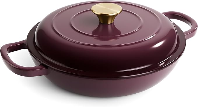 Vintage Style 3 Quart Enameled Cast Iron Braiser, Non Stick Enameled Cast Iron Skillet with Lid, Dutch Oven Skillet with lid up to 500°F for Oven, Stove, Grill, Shallow Dutch Oven for Cook, Bake (Fig) by Unknown
