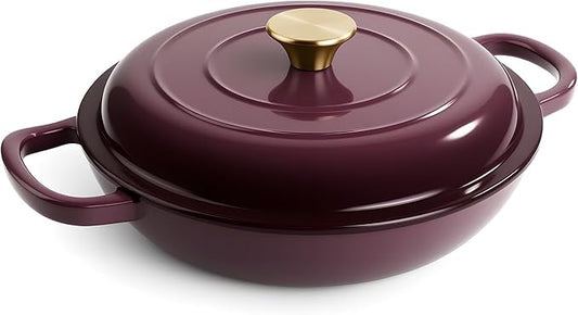 Vintage Style 3 Quart Enameled Cast Iron Braiser, Non Stick Enameled Cast Iron Skillet with Lid, Dutch Oven Skillet with lid up to 500°F for Oven, Stove, Grill, Shallow Dutch Oven for Cook, Bake (Fig) by Unknown