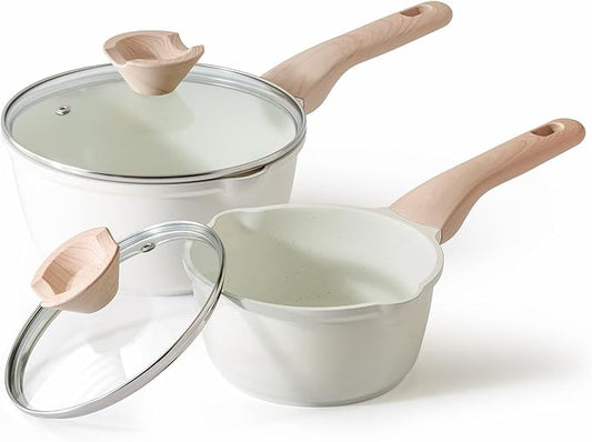 Kordisen Sauce Pan Set with Lid, 1.5Qt & 2.5 Qt Nonstick Cooking Pots with Pour Spout, Easy to Clean, Small Kitchen Induction Saucepan with Ceramic Coating, PFOA/PFOS Free (Cream) by Kordisen
