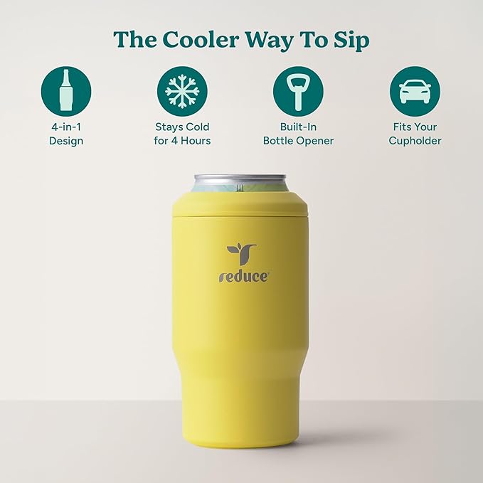 Reduce 4-in-1 Drink Cooler - Versatile Can & Bottle Holder with Vacuum Insulation - Keeps Drinks Cold Up to 4 Hours - Includes Bottle Opener - Fits Cupholders & Dishwasher Safe - 14oz - Pina Colada