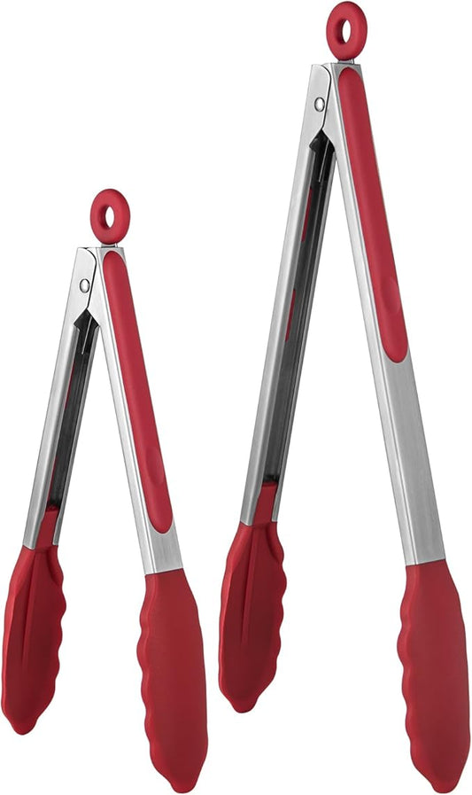 600ºF Heat Resistant Kitchen Tongs: U-Taste 9+12 inch Silicone Cooking Tong Set with Firm Sealed Non Stick Rubber Tips and Silicon Coated 18/8 Stainless Steel Handle for Serving Grilling Salad(Red) by U-Taste