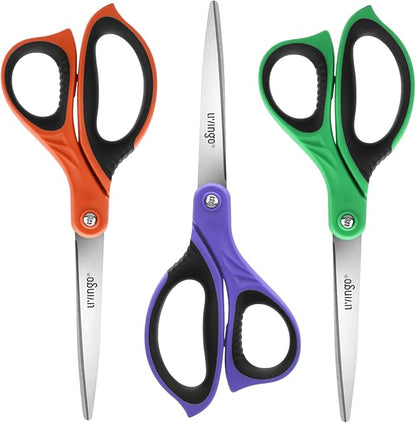 LIVINGO 3 Pack Sharp Scissors, 8.5 inch Comfort Grip Scissors All Purpose for Office, Stainless Steel Shears for Home Heavy Duty Cutting Fabric Sewing, Paper, School Crafting DIY by LIVINGO