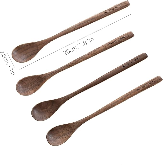 Black Walnut Wood Coffee Spoons, 4 Pcs Spoons for Espresso, Tea, Long Spoon for Stirring, Premium Wooden Spoons Set
