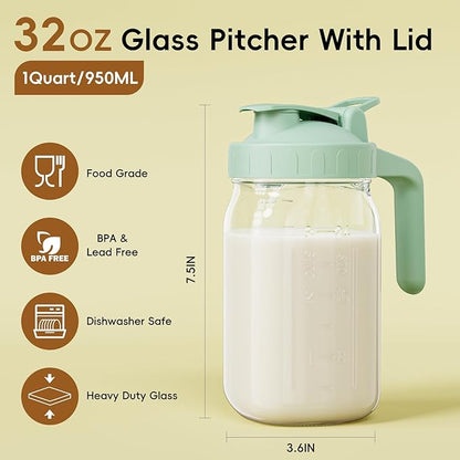 Breast Milk Pitcher - 32 oz Glass Mason Jar with Dual Leak-Proof Design, Airtight Seal, Pour Spout & Handle, Storage Container for Breastmilk, Iced Tea & Ice Drinks（Green） - Image 2