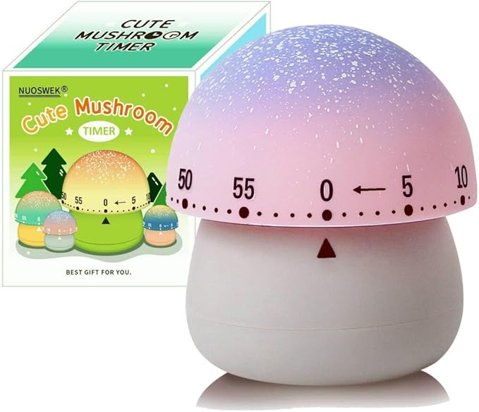 Mechanical Kitchen Timer, Cute Mushroom Timer for Kids, Wind Up 60 Minute Manual Countdown Timer for Classroom, Home, Study and Cooking (Grey Base) by NUOSWEK