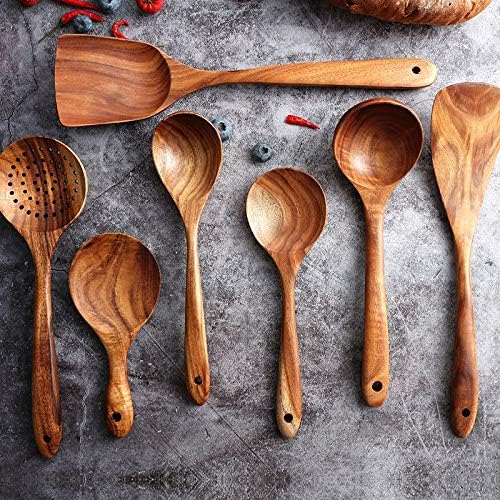 Messon Wooden Spoons for Cooking, 7Pcs Handmade Natural Teak Cooking Spoons Wooden Spatula for Non Stick Cookware (7 sets) - Image 4