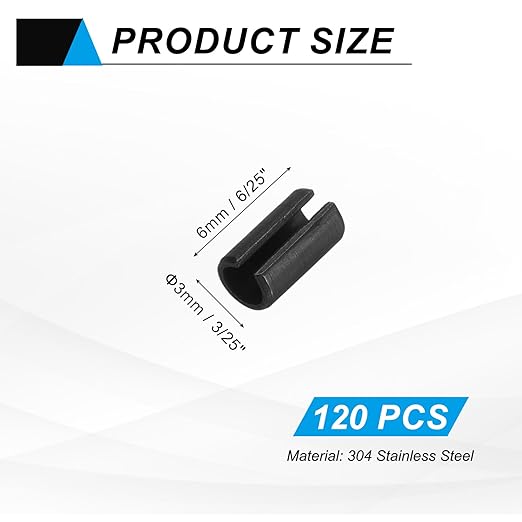MECCANIXITY 120Pcs Slotted Split Roll Pins 3/25 Inch(3mm) Dia. 6/25 Inch(6mm) Length Steel Spring Tension Expansion Dowels for Secure Fastening, Black