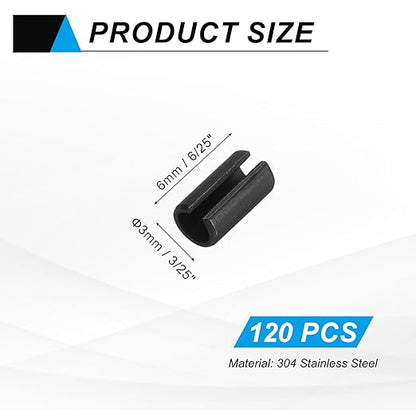 MECCANIXITY 120Pcs Slotted Split Roll Pins 3/25 Inch(3mm) Dia. 6/25 Inch(6mm) Length Steel Spring Tension Expansion Dowels for Secure Fastening, Black