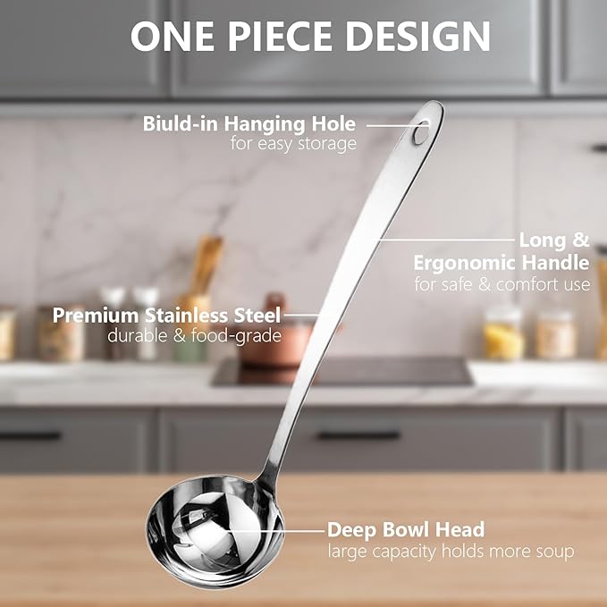 Professional Stainless Steel Soup Ladle, 10.5" Comfort Grid, Long Ergonomic Handle, Durable Kitchen Utensil for Cooking, Stirring, Serving Soups, Heavy-Duty Metal, Dishwasher Safe