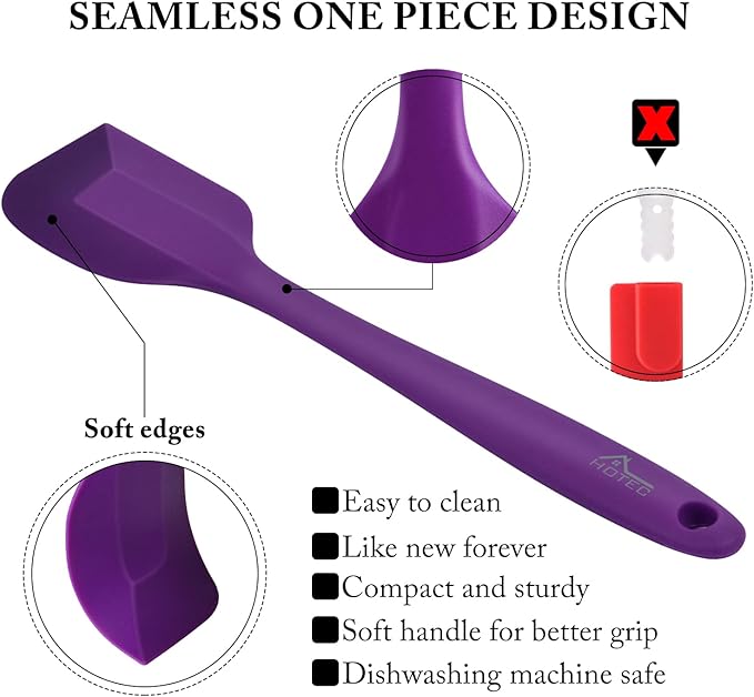 HOTEC 600℉ Heat Resistant BPA-Free Silicone Rubber Spatula Set for Baking, Cooking, and Mixing Non Stick Dishwasher Safe, Purple Set of 5 - Image 5