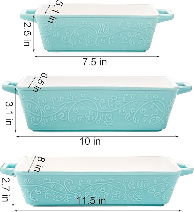 Okllen Set of 3 Casserole Dishes for Oven, Ceramic Baking Dishes with Handles, Rectangular Lasagna Pan Bakeware Set for Baking Cooking, Roasting, Broiling, Gratin, Wedding & Housewarming Gift, Blue - Image 2