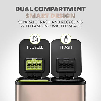 SIMPLI-Magic 60L / 16 Gallon Dual Compartment Kitchen Trash Can - Hands-Free Step Pedal, Soft-Close Lid, Stainless Steel Recycling Bin with Odor Control (30L + 30L) - Image 2